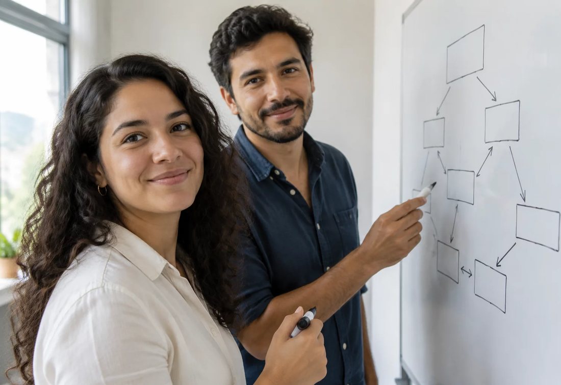 Dupla desenhando no quadro branco a estrutura de uma tese