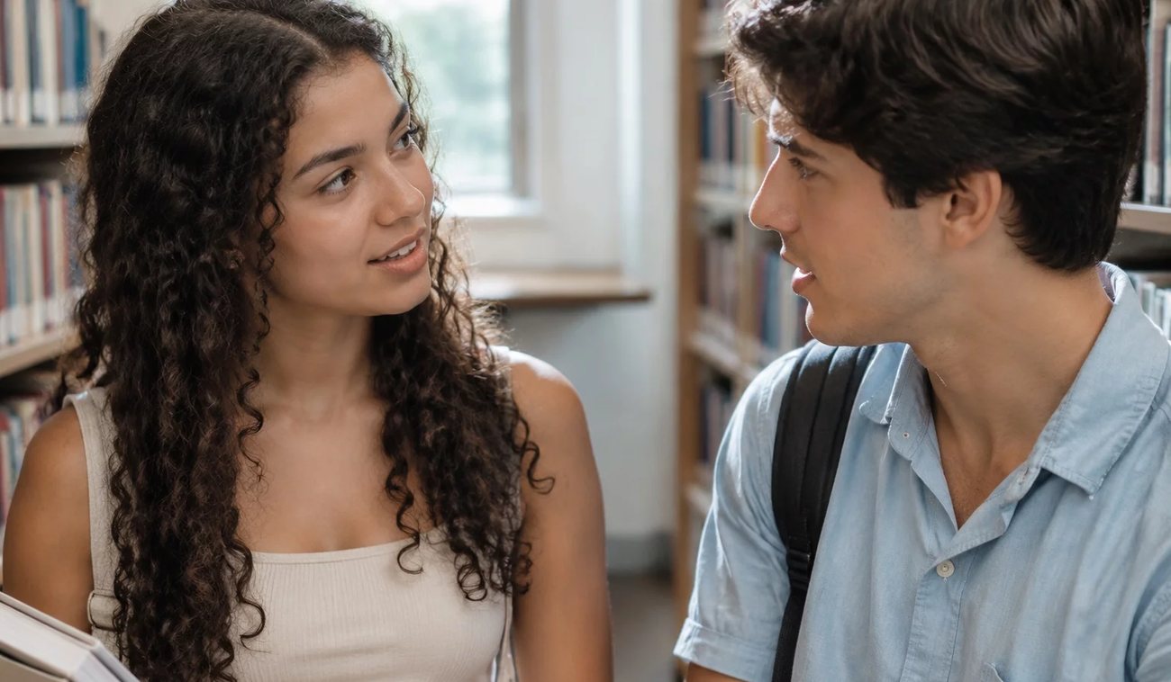Pessoas conversando de pé junto às estantes antes de o encontro abrir